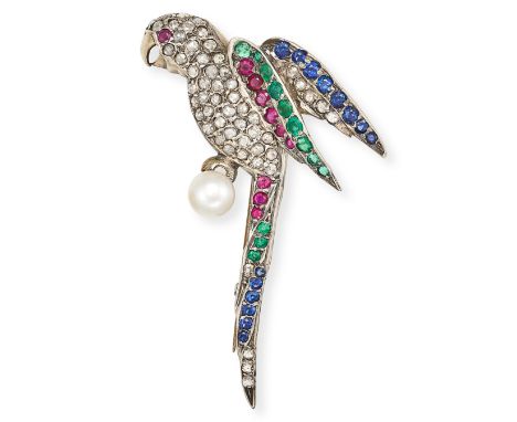 A GEMSET PARROT BROOCH in yellow gold, designed as a parrot perching on a pearl, the body set throughout with rose cut diamon