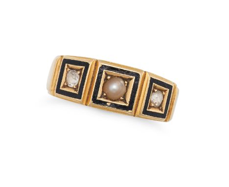 AN ANTIQUE ENAMEL, PEARL AND DIAMOND MOURNING RING in 18ct yellow gold, set with a pearl between two old cut diamonds in squa