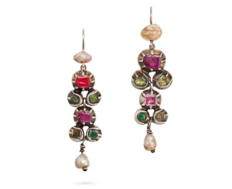 A PAIR OF ANTIQUE RUBY, EMERALD AND PEARL DROP EARRINGS in silver, the foliate bodies set with pearls, step cut rubies and st