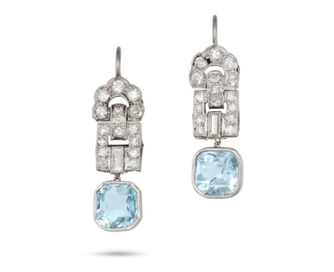 A PAIR OF AQUAMARINE AND DIAMOND DROP EARRINGS in platinum, each comprising two links set with single and baguette cut diamon