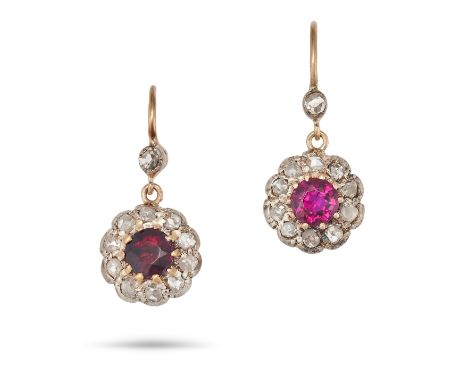 A PAIR OF ANTIQUE RUBY AND DIAMOND CLUSTER DROP EARRINGS in yellow gold and silver, each set with a rose cut diamond suspendi