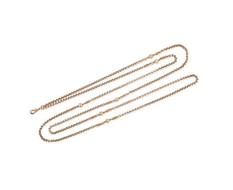 AN ANTIQUE GUARD CHAIN NECKLACE in 9ct yellow gold, the fancy link chain terminating in a swivel clasp, clasp stamped 9CT, 75