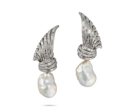 A PAIR OF DIAMOND AND PEARL DAY TO NIGHT EARRINGS in 18ct white gold, each comprising a stylised top set with baguette cut di
