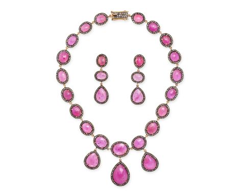 A GLASS FILLED RUBY AND DIAMOND NECKLACE AND EARRING SUITE in 14ct yellow gold and silver, the necklace comprising a series o