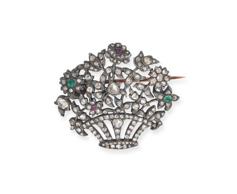 AN ANTIQUE DIAMOND, EMERALD AND RUBY GIARDINETTO BROOCH, LATE 18TH CENTURY in silver and yellow gold, designed as a basket of