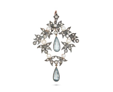 AN ANTIQUE AQUAMARINE, DIAMOND AND PEARL PENDANT in rose gold and silver, designed as a wreath set with old and rose cut diam