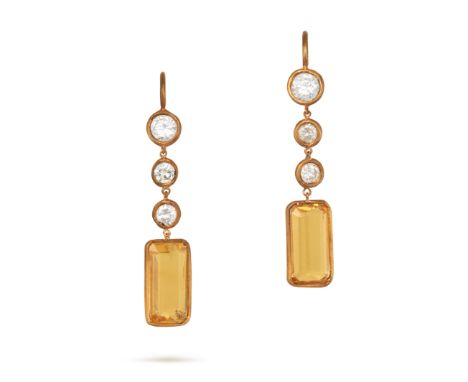 A PAIR OF DIAMOND AND YELLOW SAPPHIRE DROP EARRINGS in yellow gold, each comprising a row of three round brilliant cut diamon