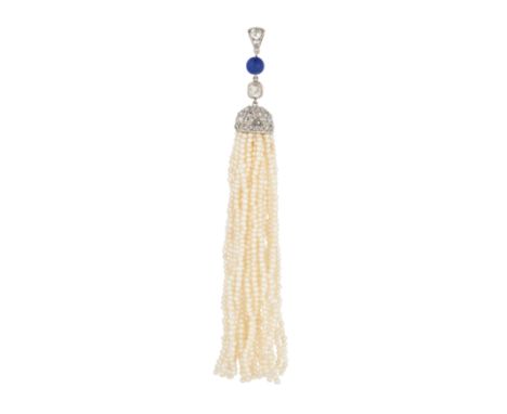 AN ANTIQUE NATURAL SALTWATER PEARL, DIAMOND AND LAPIS LAZULI TASSEL PENDANT set with old cut diamonds and a polished lapis la