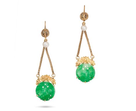 A PAIR OF JADEITE JADE AND PEARL DROP EARRINGS in yellow gold, each comprising a filigree bead and a pearl suspending a carve