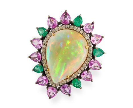 AN OPAL, PINK SAPPHIRE, EMERALD AND DIAMOND DRESS RING in 14ct yellow gold, set with a pear shaped opal cabochon in a border 