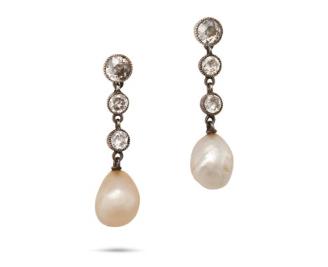 A PAIR OF NATURAL SALTWATER PEARL AND DIAMOND DROP EARRINGS each set with three transitional cut diamonds, suspending a pearl