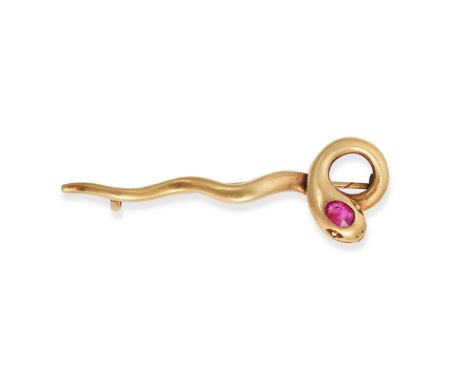 AN ANTIQUE RUBY SNAKE BROOCH in 18ct yellow gold, designed as a coiled snake, the head set with an oval cut ruby, no assay ma