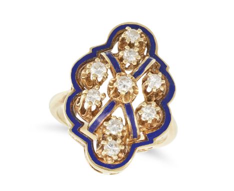 A DIAMOND AND ENAMEL DRESS RING in 14ct yellow gold, the openwork face set with round brilliant cut diamonds accented by blue