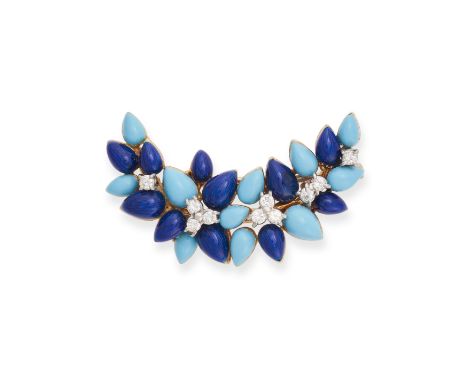 AN ENAMEL AND DIAMOND BROOCH in 18ct yellow gold, the foliate body decorated with turquoise and dark blue enamel, accented by