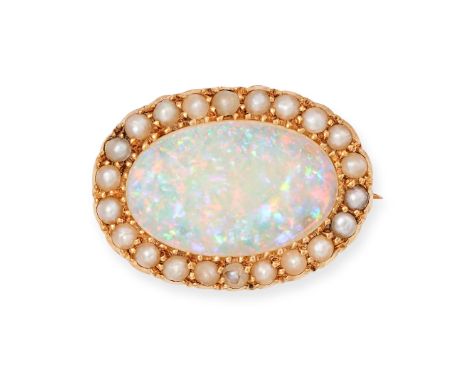 AN OPAL AND PEARL CLUSTER BROOCH in 15ct yellow gold, set with an oval cabochon opal in a cluster of pearls, stamped 15CT, 2.