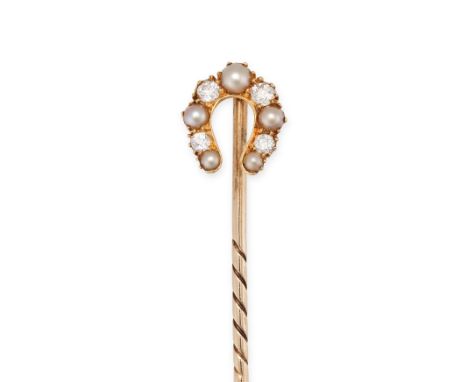 AN ANTIQUE PEARL AND DIAMOND HORSESHOE STICK PIN in yellow gold, the horseshoe set with alternating pearls and old cut diamon