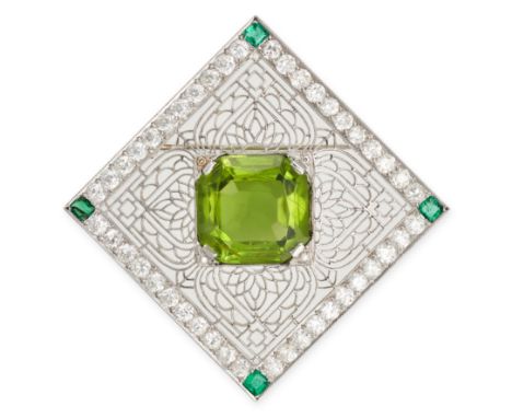 A VINTAGE PERIDOT, EMERALD AND DIAMOND BROOCH the square openwork brooch set with a octagonal step cut peridot of approximate