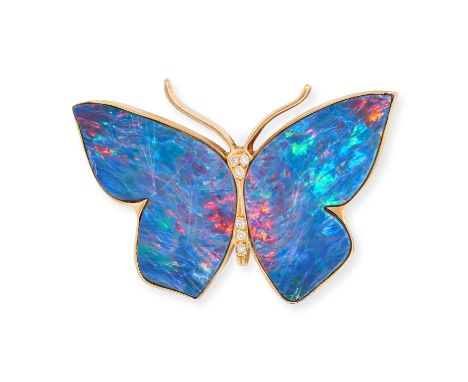 AN OPAL AND DIAMOND BUTTERFLY BROOCH / PENDANT in 18ct yellow gold, designed as a butterfly, the wings set with opal slices, 