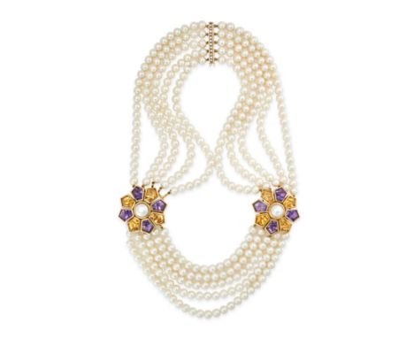 A PEARL, CITRINE, AMETHYST AND DIAMOND NECKLACE / PAIR OF EARRINGS in 18ct yellow gold, comprising five rows of pearls accent
