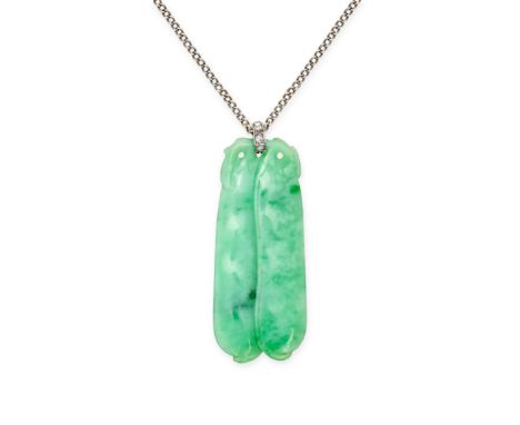A JADEITE JADE AND DIAMOND PENDANT NECKLACE in platinum, the pendant comprising a piece of jadeite jade carved to depict two 