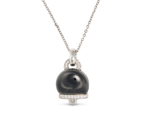 AN ONYX AND DIAMOND BELL PENDANT NECKLACE in 18ct white gold, the pendant designed as an articulated bell set with polished o