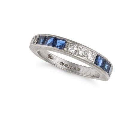 A SAPPHIRE AND DIAMOND HALF ETERNITY RING in 18ct white gold, set with square step cut sapphires and round brilliant cut diam