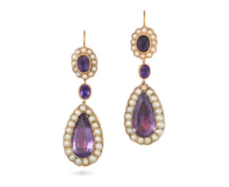A PAIR OF ANTIQUE AMETHYST AND PEARL CLUSTER DROP EARRINGS in yellow gold, each set with an oval cut amethyst in a cluster of