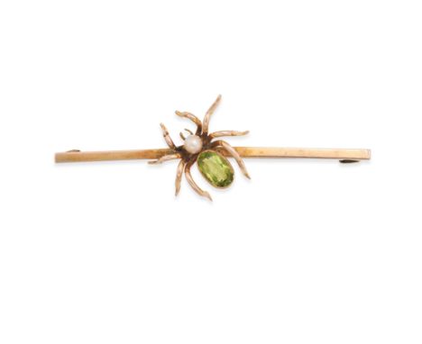 AN ANTIQUE PERIDOT AND PEARL SPIDER BAR BROOCH in 9ct yellow gold, the spider set with an oval cut peridot of approximately 1