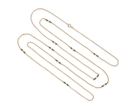 A PEARL AND ENAMEL CHAIN NECKLACE in 9ct yellow gold, the long chain necklace accented by pearls and red and green enamel lin