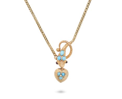 AN ANTIQUE VICTORIAN TURQUOISE AND GARNET SNAKE NECKLACE in yellow gold, designed as a snake coiled around itself, the head s