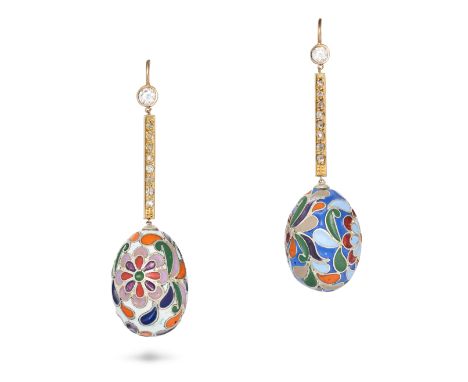 A PAIR OF DIAMOND AND ENAMEL EGG DROP EARRINGS in yellow gold and silver, each set with a round brilliant cut diamond, suspen