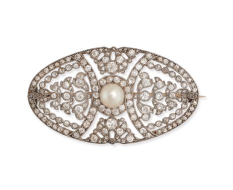 AN ANTIQUE BELLE EPOQUE DIAMOND AND PEARL BROOCH in platinum and yellow gold, the oval openwork brooch in foliate design set 