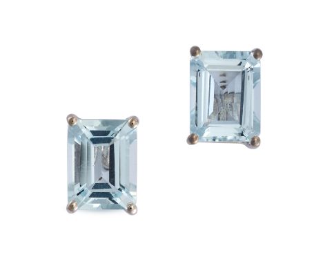 A PAIR OF AQUAMARINE STUD EARRINGS in 18ct white gold, each set with an octagonal step cut aquamarine, the aquamarines both t