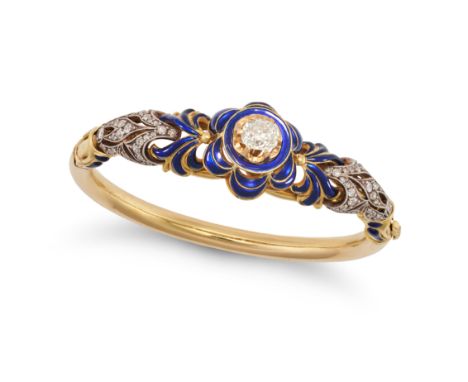 AN ANTIQUE DIAMOND AND ENAMEL BANGLE in yellow gold, the hinged bangle set with an old cut diamond of 1.55 carats, accented b