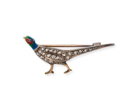 AN ANTIQUE ENAMEL AND DIAMOND PHEASANT BROOCH in yellow gold and silver, the head relieved in red, green and blue enamel, the
