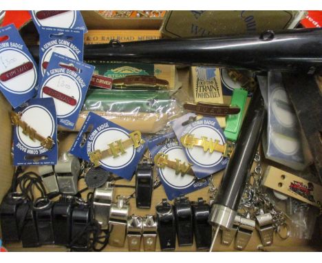 A vintage Swanee/Lotus whistle and others to include The Acme Thunderer and railway whistles together with various railway ba
