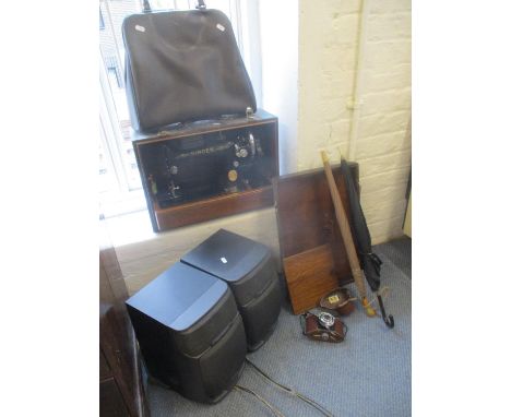 A Singer sewing machine, in case, serial number EB 658961 circa 1937 together with a pair of Aiwa speakers model no SX-FNV50,