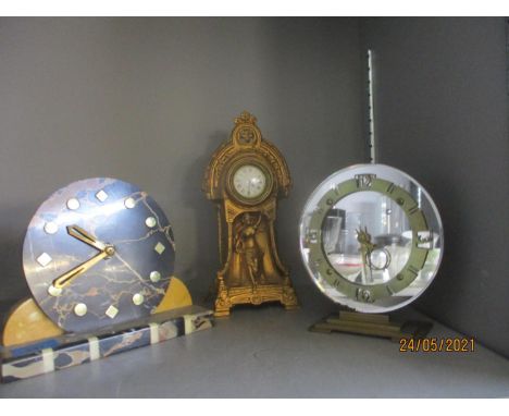 Clocks to include Horlogerie Parisienne variegated marble Art Deco mantel clock, an English Art Deco peach coloured glass and