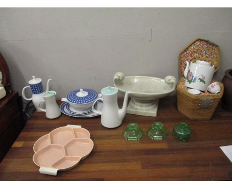 Ceramics and glassware to include a large crackle glazed pedestal bowl, Poole Pottery, green glass candlesticks, an Oriental 