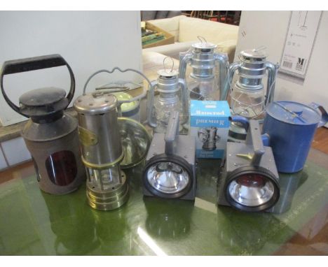 A Hockley Lamp & Limelight Co miners lamp together with a Delta Electric Co lamp and others and a vintage watering canLocatio