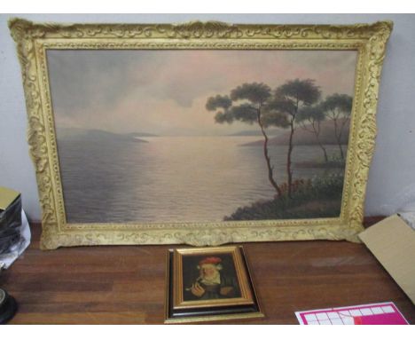 Ma*lo - a coastal view with trees and flowers to the foreground oil on canvas signed indistinctly in a painted frame and a Du