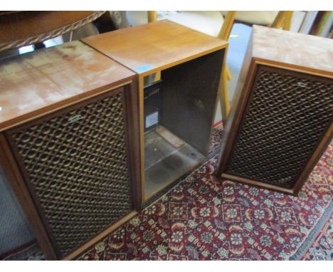 A pair of vintage Coral 1000 speakers housed in a teak unit together with a vintage teak veneer stacking system housing unitL