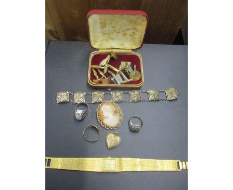 A 9ct gold signet ring A/F, 3.2g together with a yellow metal heart shaped locket, a gold plated, framed cameo, a gents silve