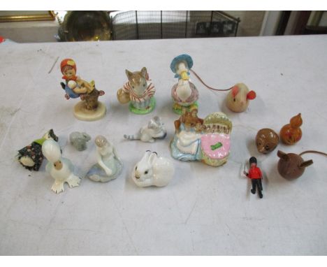 Three Beswick Beatrix Potter figures 'Hunca Munca', 'Jemima Puddleduck' and 'Mrs Tittlemouse' together with a Hummel figure '