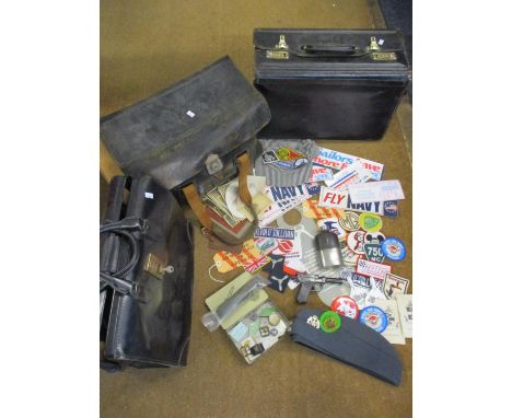 Vintage flight crew briefcases, an RAF cap and badges, mixed fabric sew on labels to include car and aeroplane examples, vint