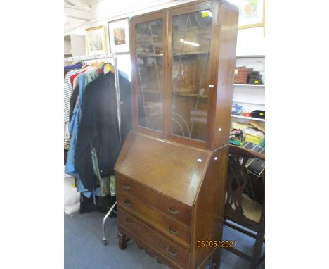 A 1930's oak bureau bookcase, 183 h x 74 w x 40 d, together with a vintage lot comprising a white painted and pine topped kit