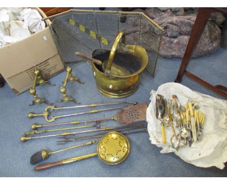 Metalware to include helmet shaped coal bucket, fire implements and silver plated flatwareLocation: LWM 