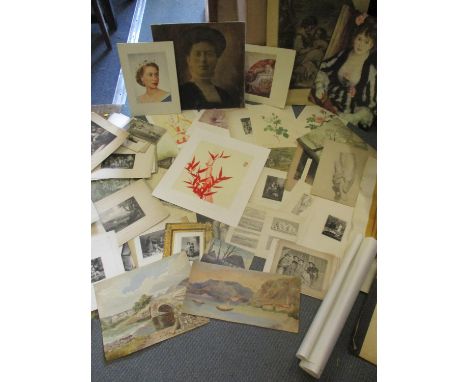 Mixed frameless antiquarian prints and watercolours to include an Oriental woodblock print of a Vermilion Bamboo originated b
