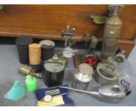 Vintage garage related items and pressure gauges together with a vintage Pyrene fire extinguisher and a live steam engine.&nb