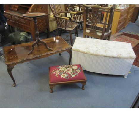 A mixed lot of furniture to include a mahogany foot stool with floral tapestry, a walnut coffee table, a mahogany wine table 